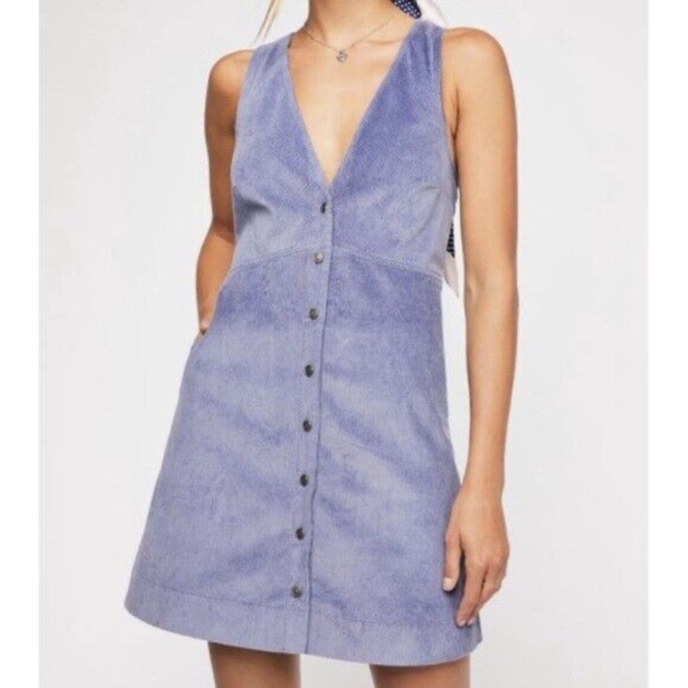 Free People Lavender Blue Button-Front Corduroy Mini Dress